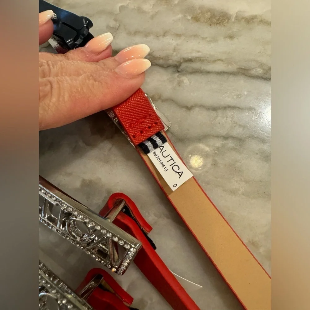 NWT Nautica Logo Silver Bling Buckle Red  Slim Belt